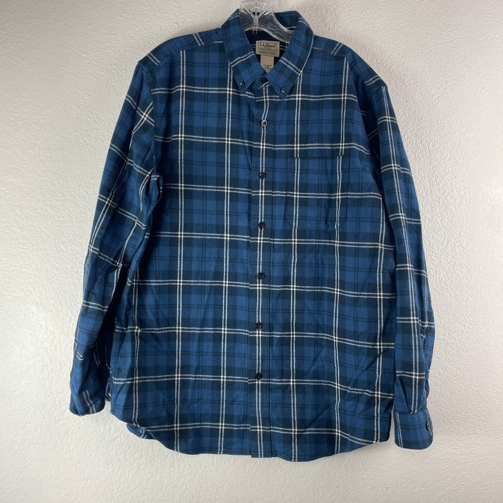 L.L. Bean Flannel Shirt Mens L Blue Plaid Slightly Fitted Cotton Button Down